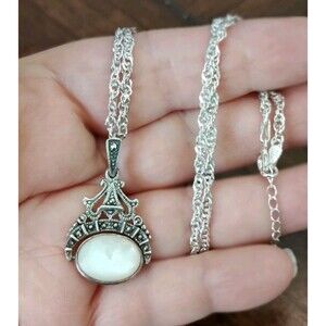 VTG 925 Sterling Silver MOP Black Onyx Marcasite Reversible Pendant 18" Necklace